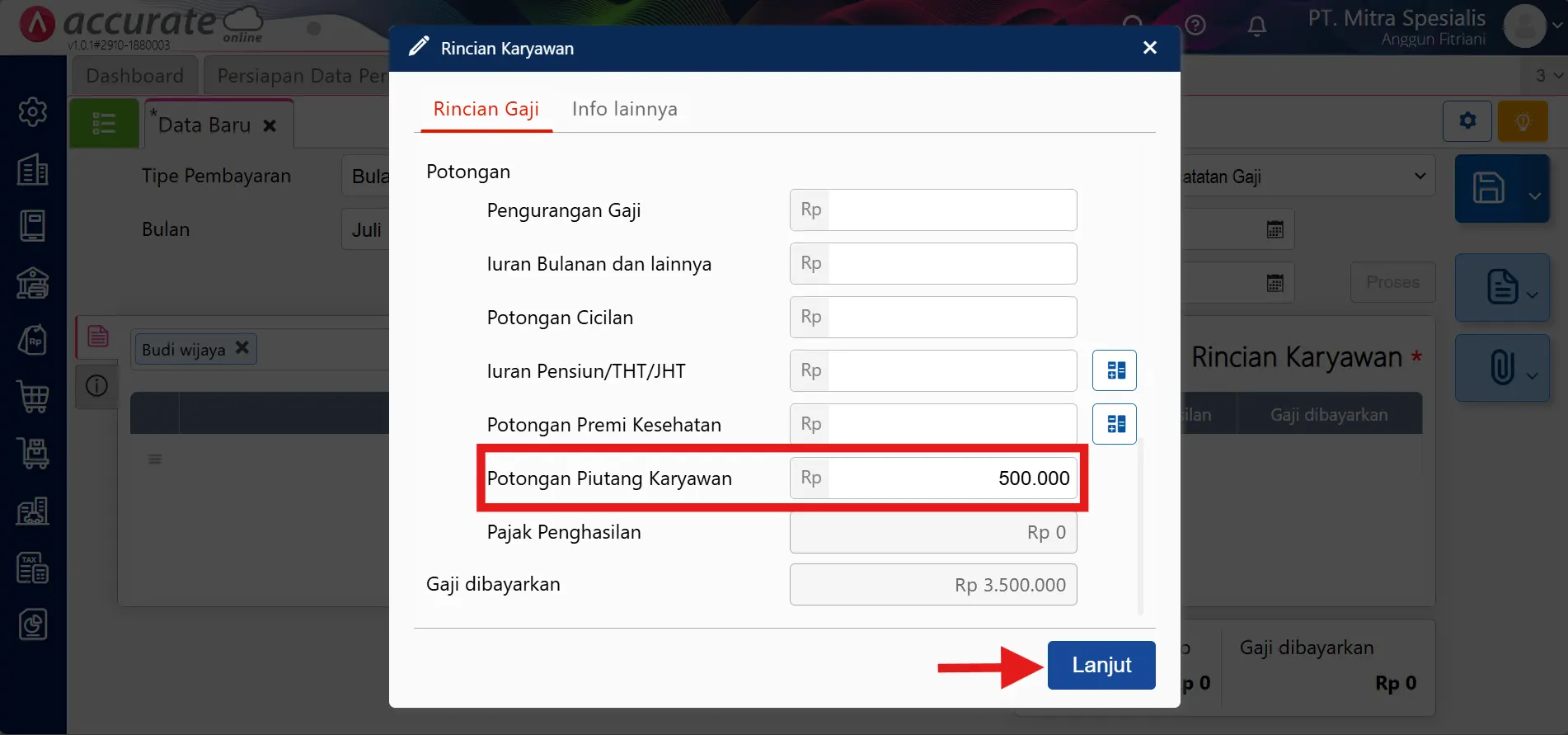 potongan gaji untuk cicilan piutang karyawan